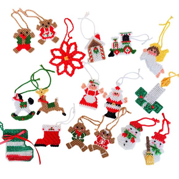 Collection of 17-Charming Vintage Christmas Themed Crochet Needlepoint Ornaments - Picture 2 of 9